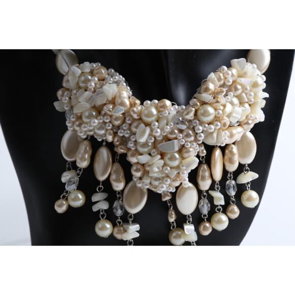 Vintage Ivory Pearl Shell Bohemian Chunky Statement Necklace Layered Beaded - Picture 7 of 15